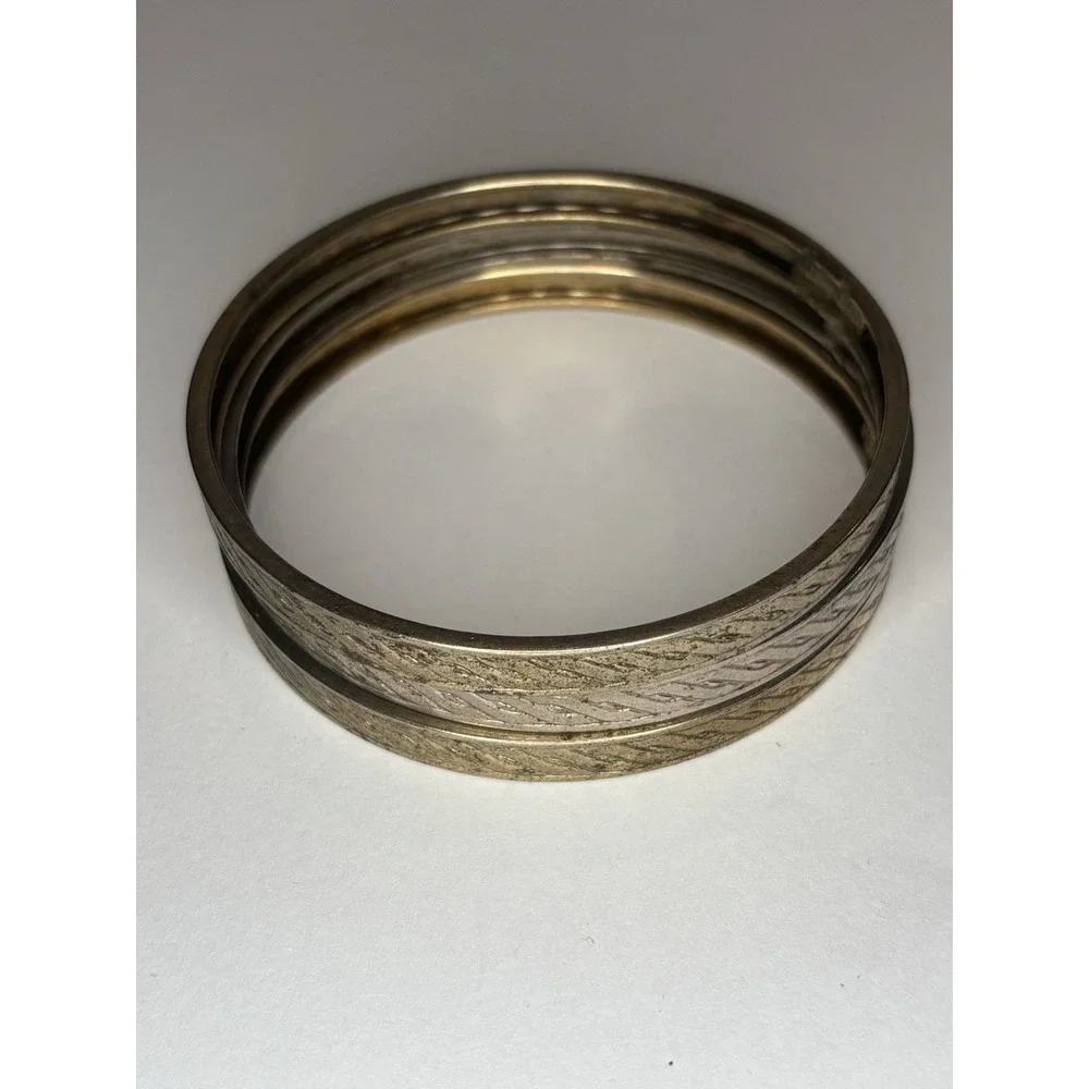 Vintage 1970s Gold Silver Tone Etched Bangle Bracelet Set 3 Stackable Boho